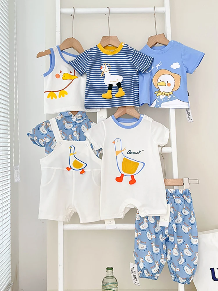 Summer Newborn Baby Boy Baby Girl Duck Series Cotton Cute Baby Short Sleeve Suspenders Multi-piece Fashion Children\'s Clothes