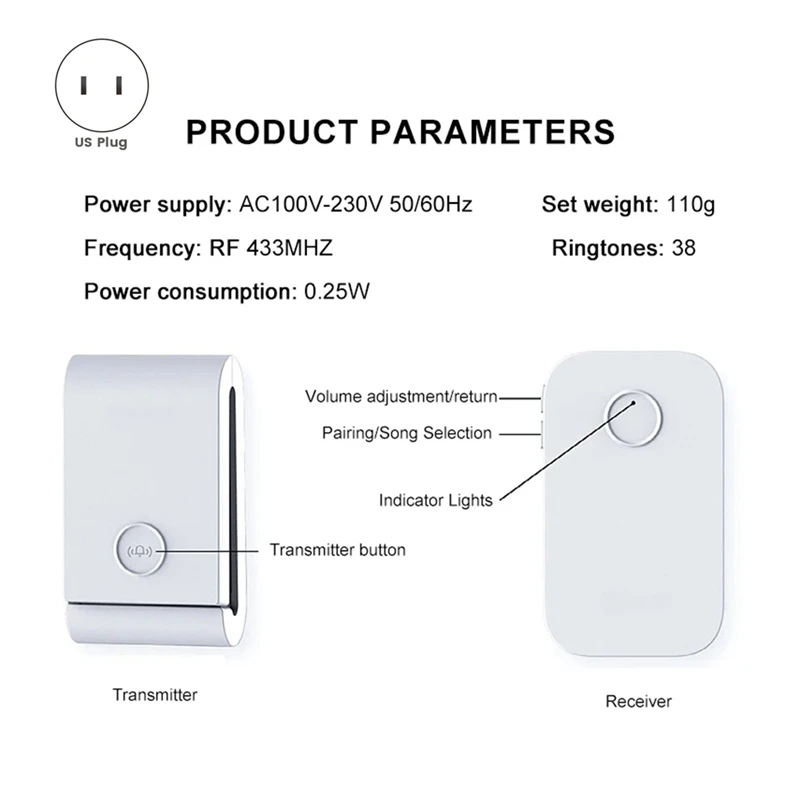 24-Hour Delivery 433 Mhz Self-Generating Wireless Doorbell 38 Ringtones Dingdong Doorbell Elderly Pager For Smart Home