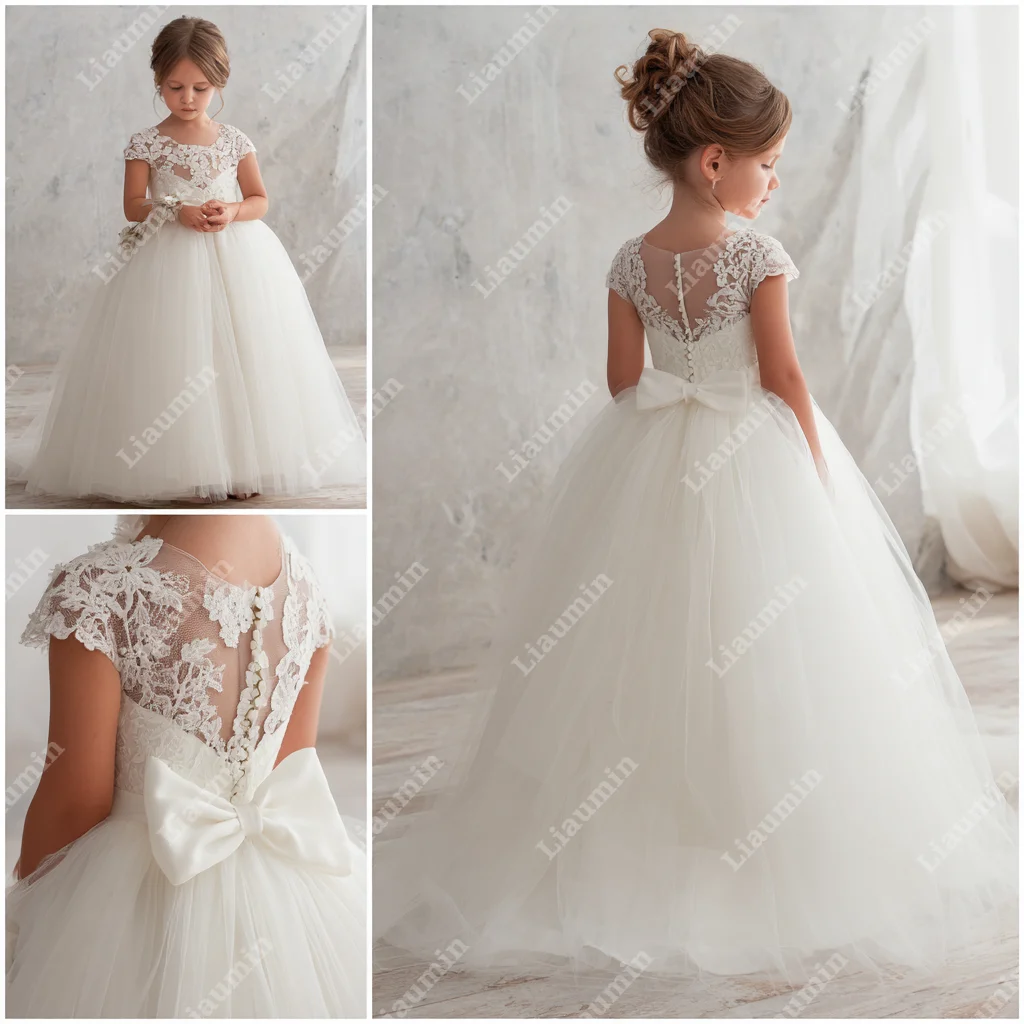 Abiti da ragazza di fiori con applicazioni in pizzo, maniche ad aletta, abiti da principessa formali per la prima comunione, gonna da spettacolo Brithday personalizzata W1.1.41