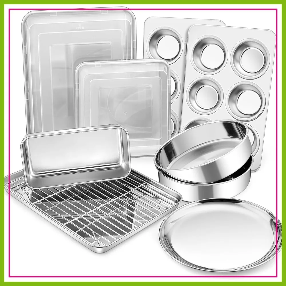 

12-Piece Stainless Steel Bakeware Set, Baking Sheet with Rack, Square Cake Pan with Lid, Lasagna Pan, Loaf Pan, Muffin Pan, Pizza Tray & 2 Covers, Easy Clean