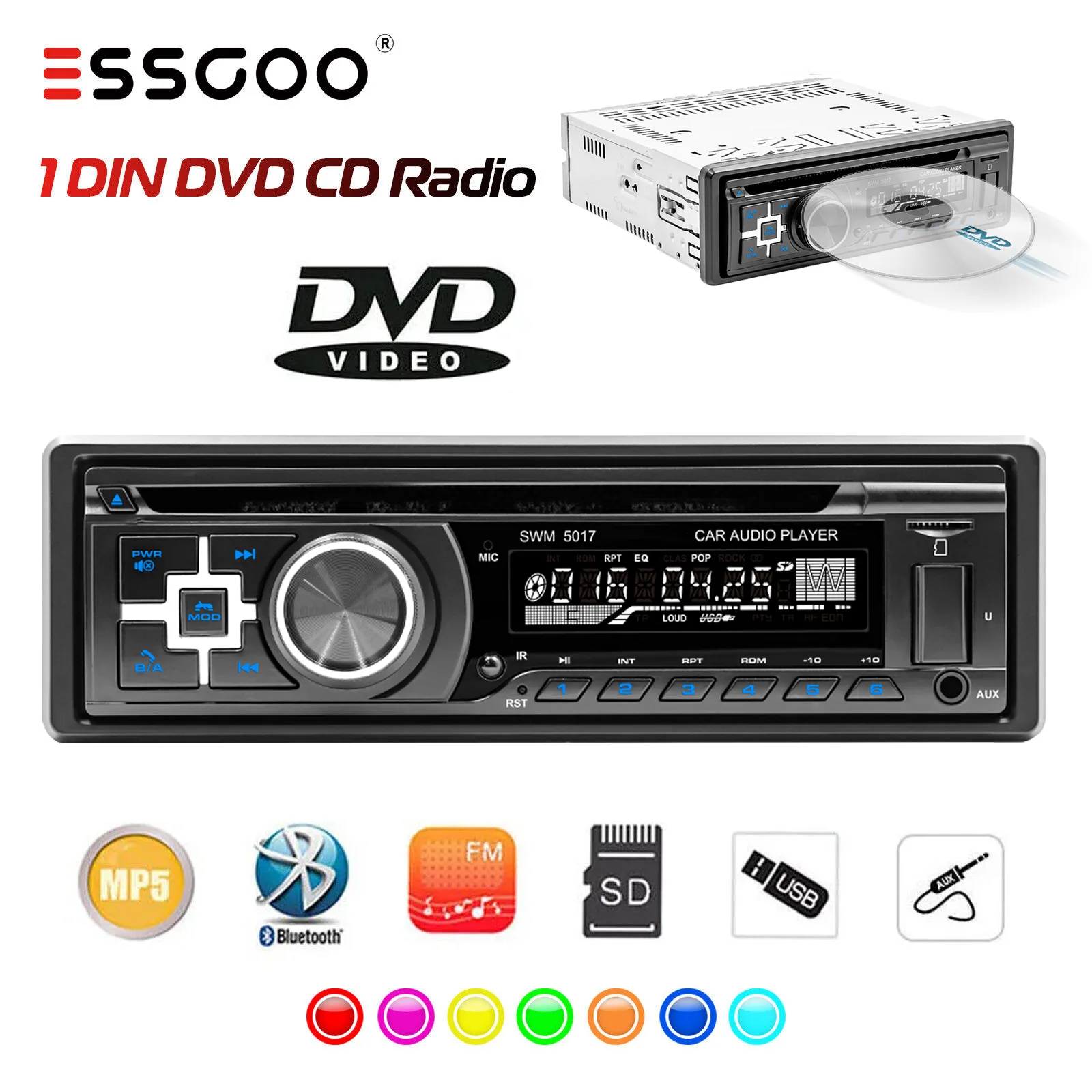 ESSGOO Universeller CD-DVD-Player Auto-Stereoanlage USB/SD TF AUX Bluetooth 4.0 Freisprecheinrichtung Single 1 DIN In-Dash FM-Radio MP3