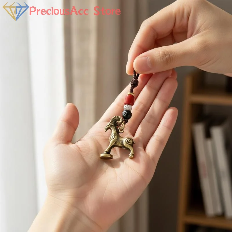 .Hot Sale-Chinese Zodiac Goat Keychain Chinese Five Emperor Coins Lucky Charm Pendant for Car Key Bag Gift