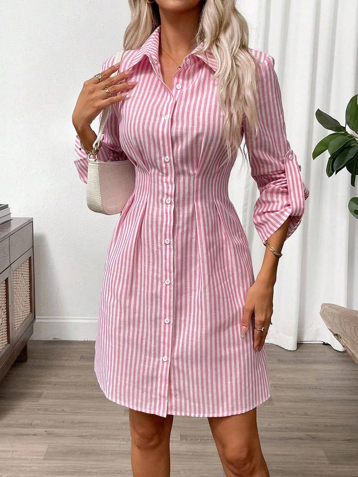  Women's elegant casual striped waist-cinching dress 
