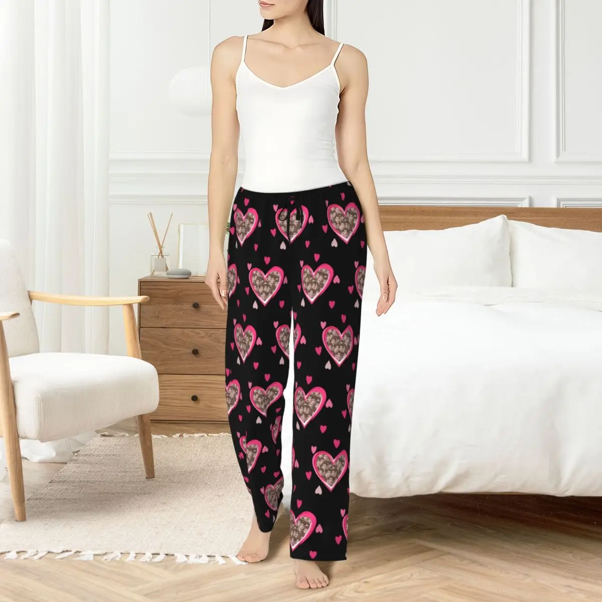 

Custom Personalized Head Face Photo Love Surrounded Pajama Pants Women Valentine's Day Gift Sleep Sleepwear Bottoms Pockets