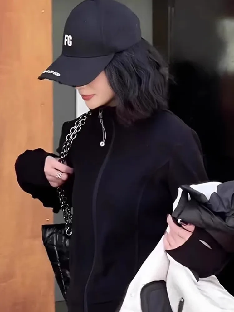 Schmal geschnittene, lange Jacke mit doppeltem Reißverschluss und Stehkragen, Damen-Sportjacke, schwarze Oberbekleidung, Frühling/Herbst, neu