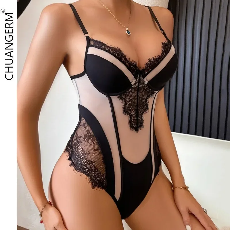 CHUANGERM Sexy Lingerie Open-back Gauze See-through Lace Patchwork Color Matching Jumpsuit Woman Sexy Lingerie Bodysuit Lingerie