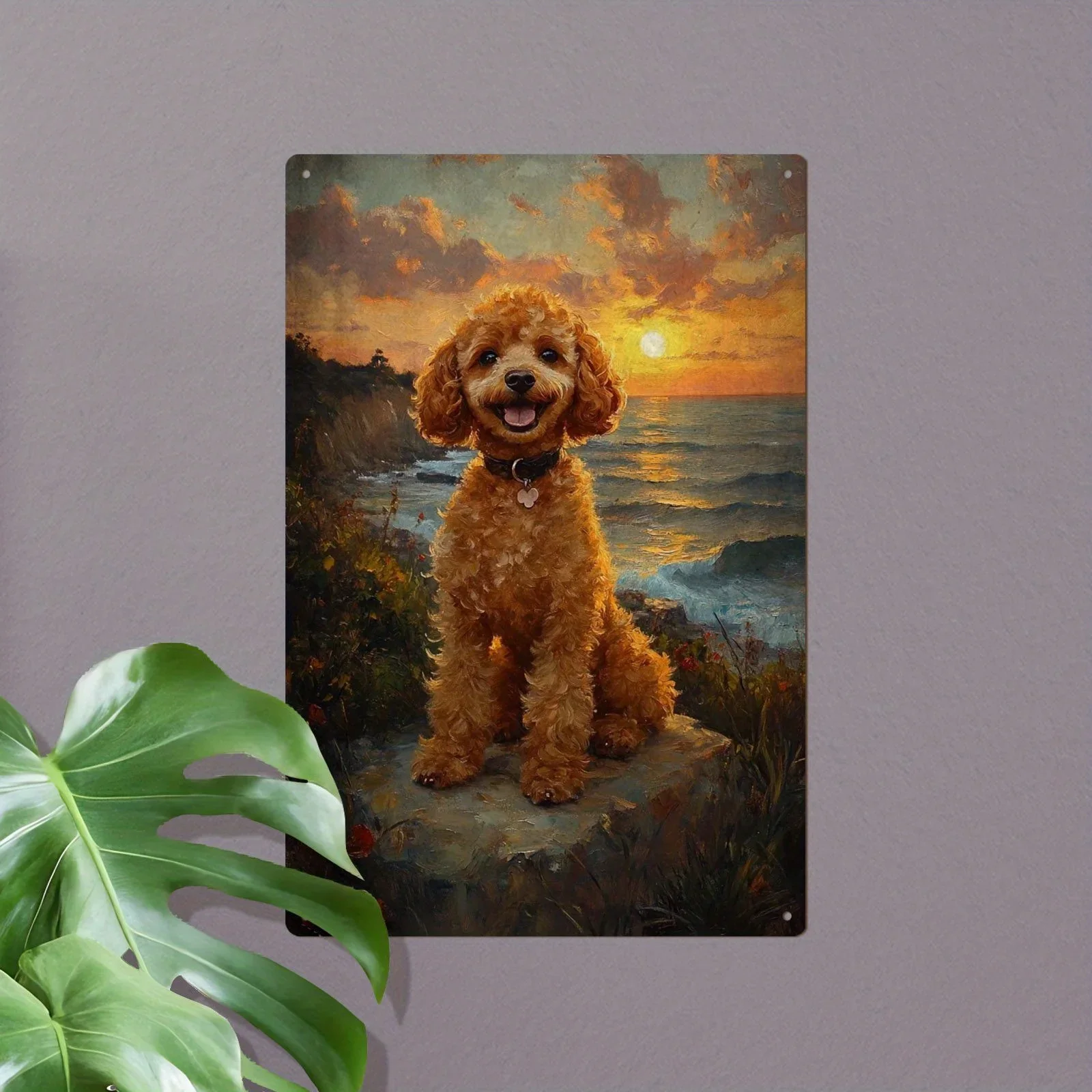 Vintage Metal Tin Sign - Retro Poodle Sunset Ocean Wall Art 12x8 Inch for Bar Kitchen Decor