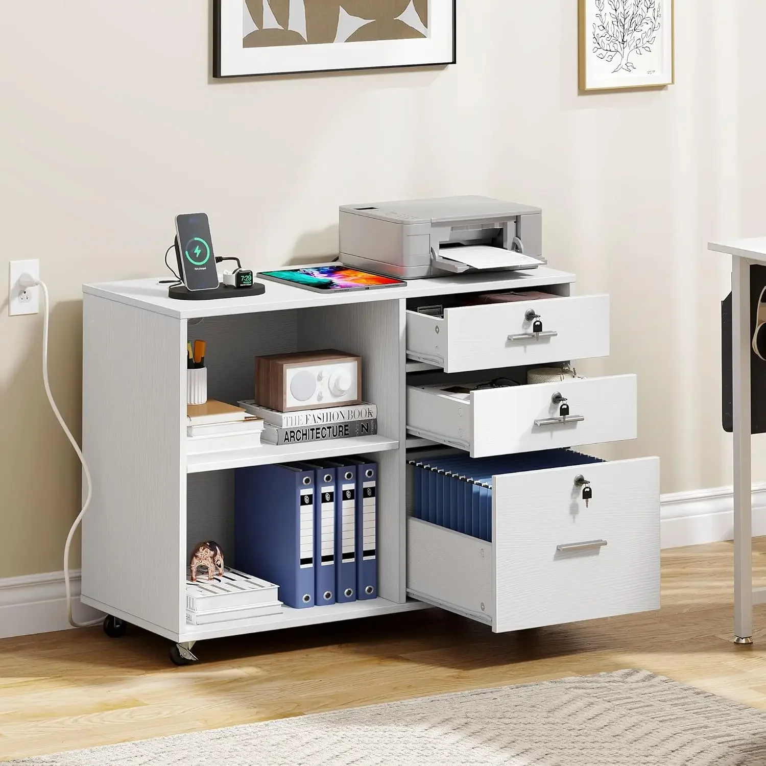 3 Drawer File Cabinet with Charging Station, Mobile Filing Cabinet with Lock, White