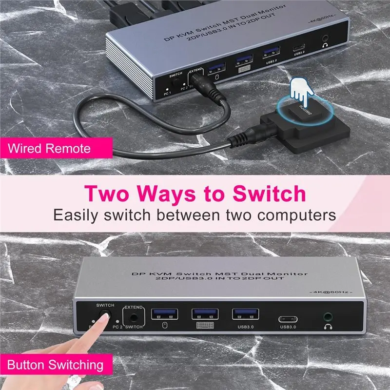 Classic-MST Dual Monitor Support DP KVM Switch 2DP/USB3.0 In To 2 HD Out 4K 60Hz 2 PC Or 2 Laptop Sharing Keyboard Mouse Printer