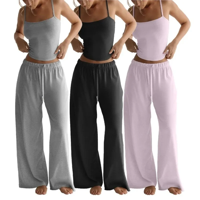 Women's Casual Solid Color Pajamas Set Tank Top And Trousers Sleepwear 2 Piece Set Breathe Elastic Loungewear Summer