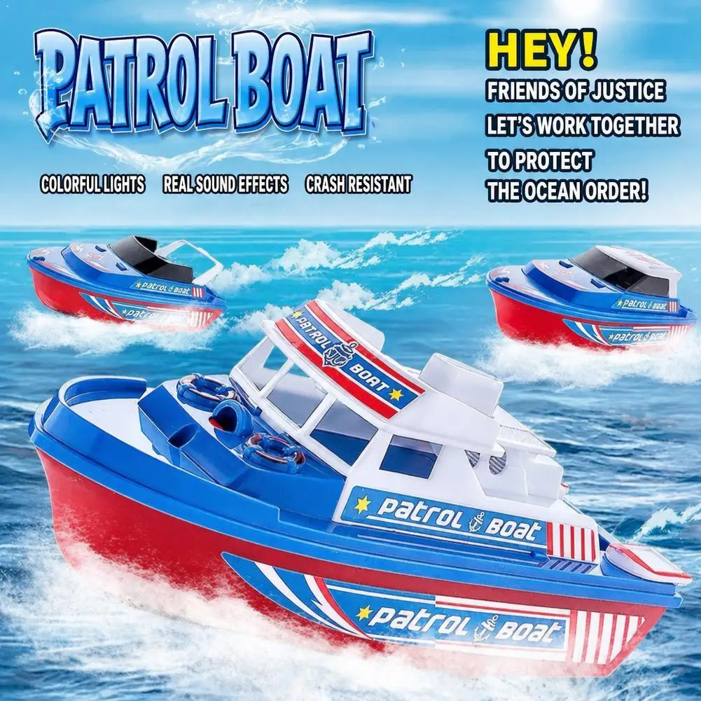 Electric Patrol Boat Toy With Colorful Lights Sound Effects Crash Resistant Water Speedboat For Kids Bath Swimming Pool Gift