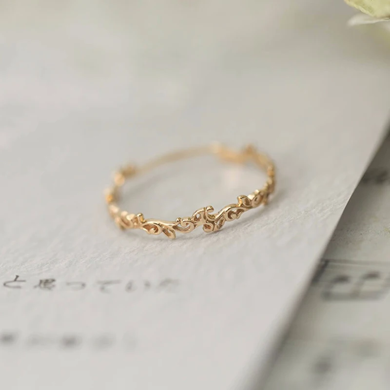 خاتم فرعي مجوف مطلي بالذهب من الفضة الإسترليني الأصلي S925 للنساء، أنيق ورائع وبسيط وكلاسيكي يومي