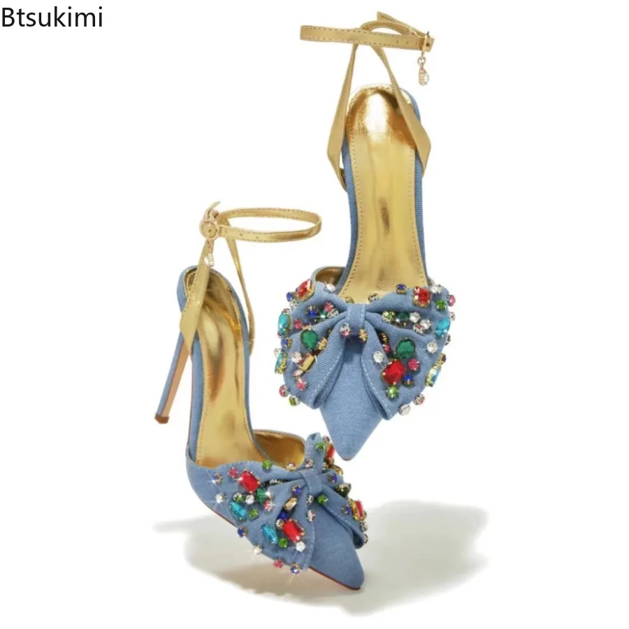 New Summer Women's Sandals Embellished Crystal Bow Pump Closed Pointed Toe Thin High Heels Ankle Wrap Straps Party Dress Shoes