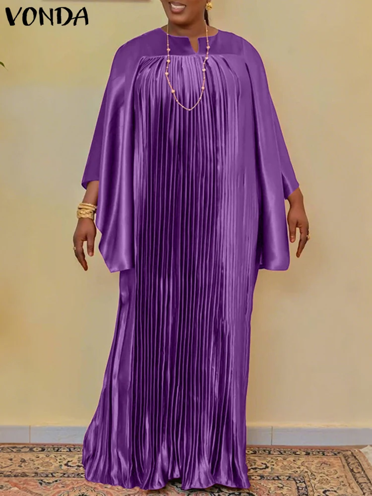 

Plus Size 5XL VONDA Elegant Wedding Party Dresses Women Long Bat Sleeve Pleated Ruffled Maxi Robe Solid Satin Silk Long Vestidos