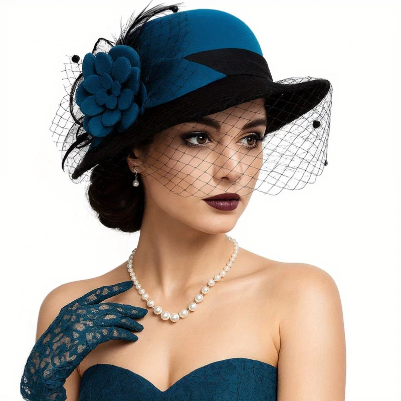 

Women'S Church Dress Wedding Cloche Hat with Plumy Veil Lightweight Felt Adjustable Drawstring Closure Elegant Event Headwear