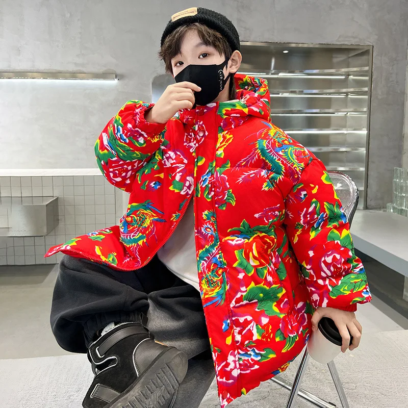 New winter children's cotton-padded clothes boys and girls fashion trend Northeast big flower cotton-padded clothes