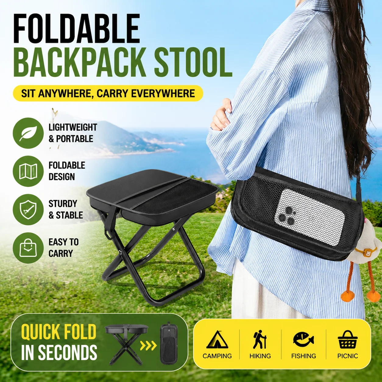 Folding Stool for Outdoor Leisure Portable Lightweight Aluminum Chair High Load Travel Camping Foldable Fishing Chair