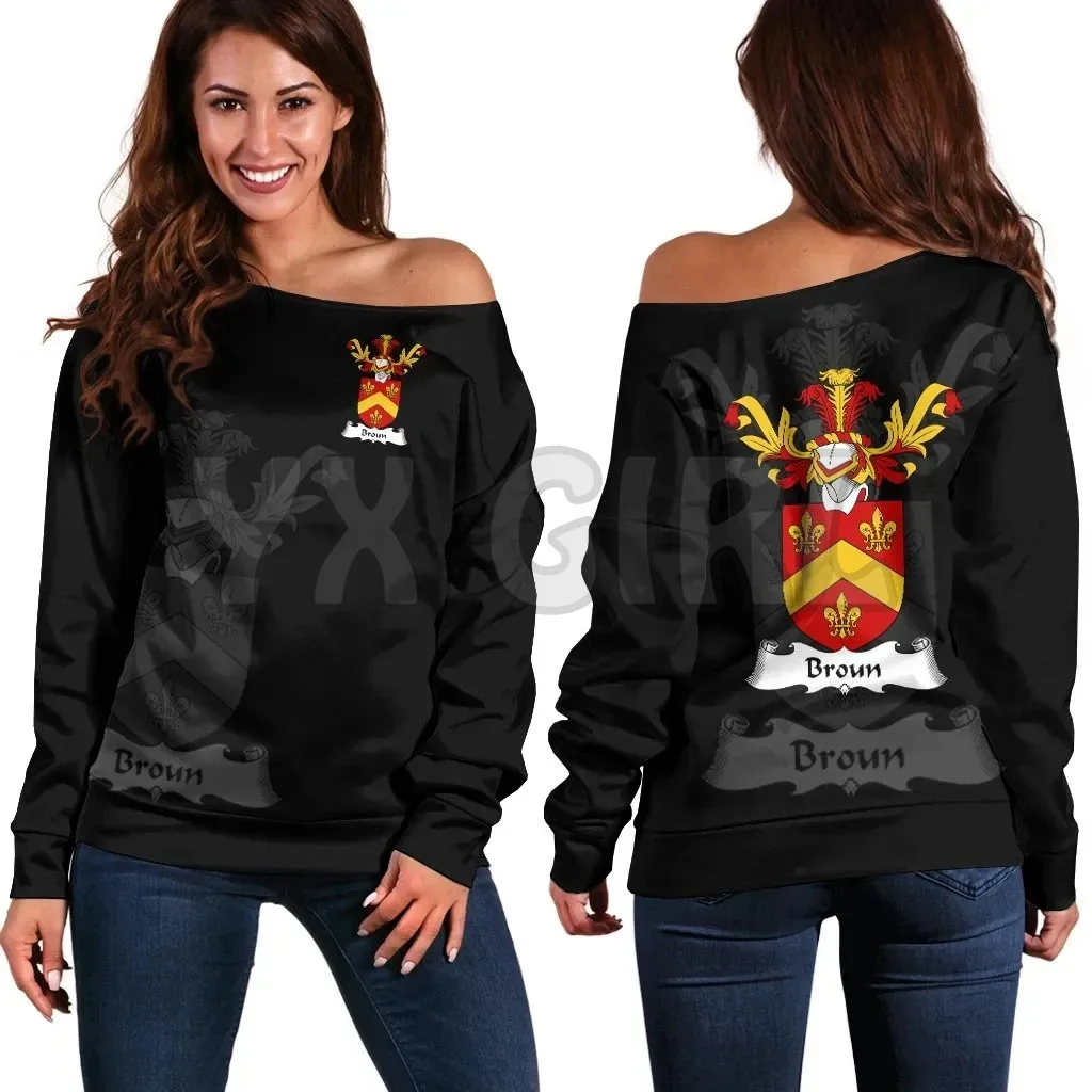 

YX GIRL Broun or Brown Family Crest Women's Off Shoulder Sweater 3D Printed Novelty Women Casual Long Sleeve Sweater Pullover