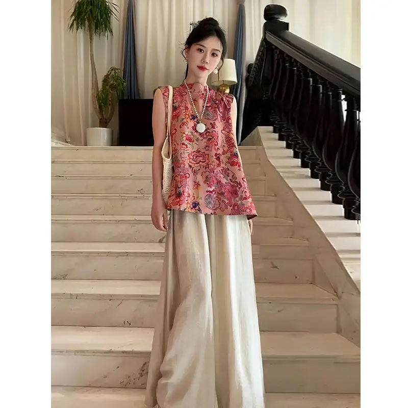 

Fashion Suit Women's 2026 Summer New Style New Chinese Style Sleeveless Top Loose Wide Leg Pants Two-piece Set