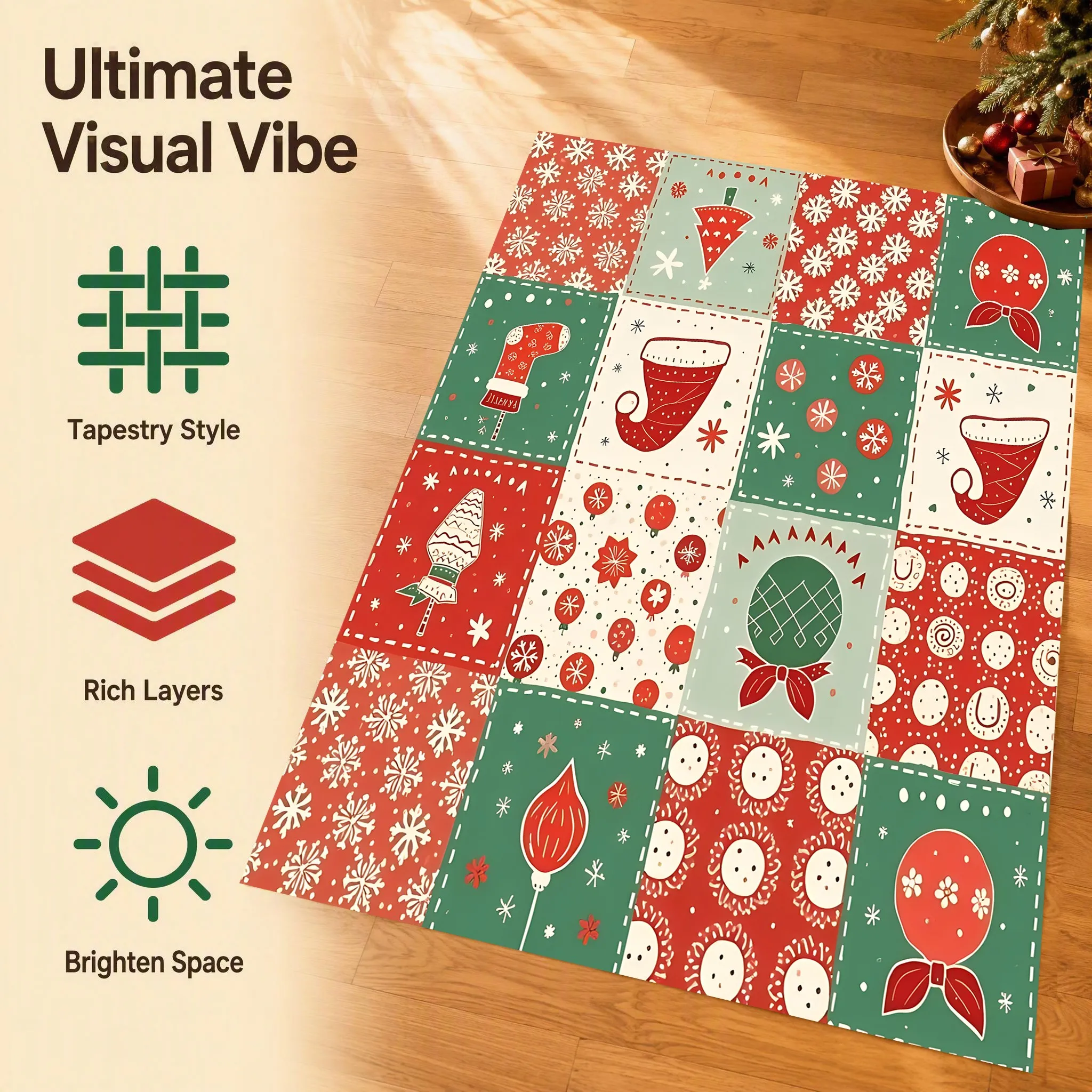 Christmas-Themed Patchwork, Cute Retro Style, Warm and Cozy Christmas Atmosphere in the Entryway, Bedroom, and Living Room, Autumn and Winter Soft Furnishings, Velvet Rug