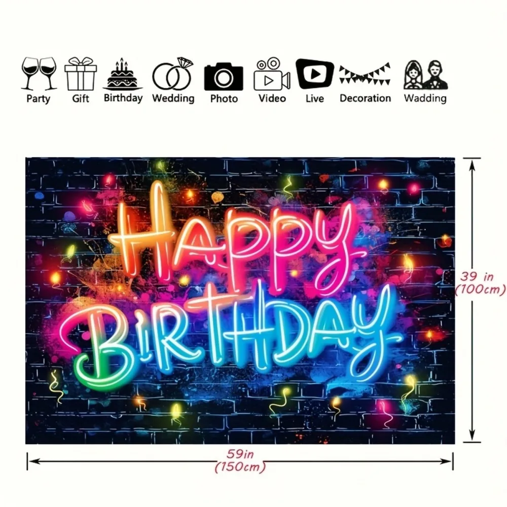 Glowing Happy Birthday background neon lights decorate brick walls at dark parties splash colorful graffiti hip-hop