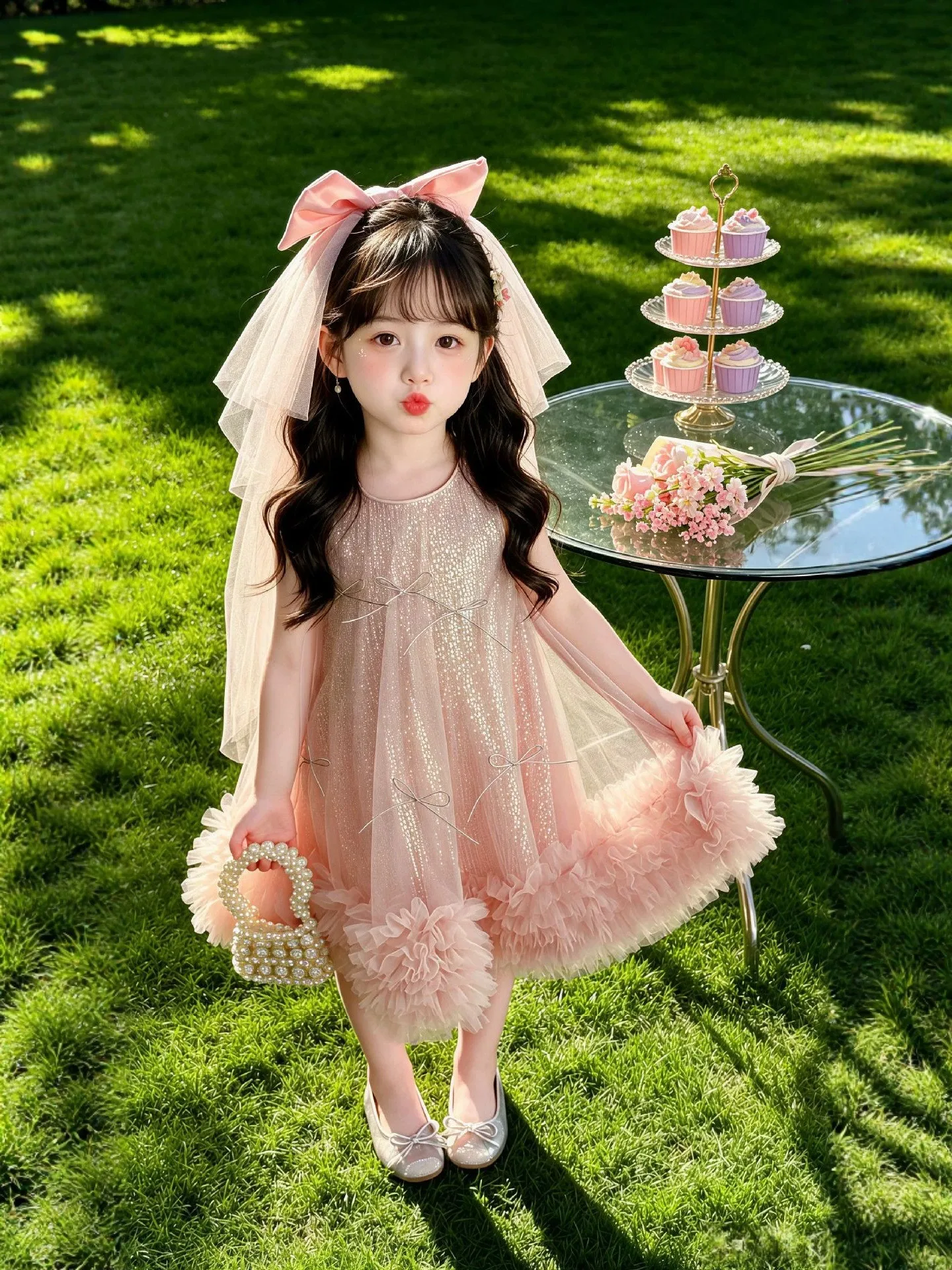 Vestido de Princesa com Lantejoulas e Tule para Meninas, Vestido de Verão Sem Mangas com Laço de Borboleta, Vestido de Festa ...