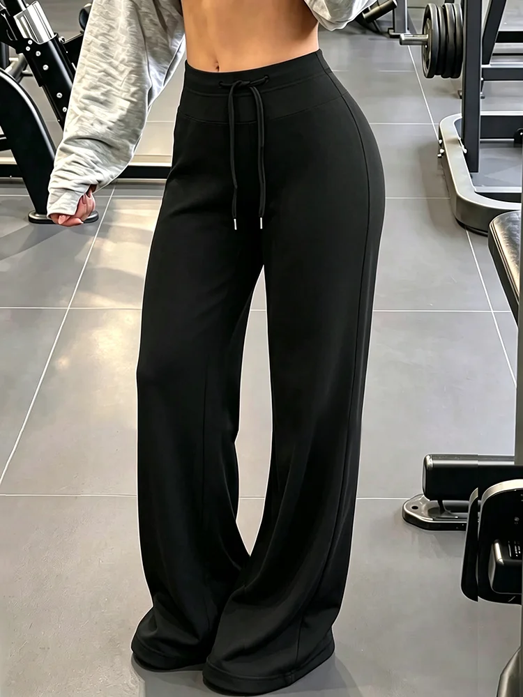 New Women's Drawstring Wide-Leg Sports Pants, High-Waisted Black Straight-Leg Pants, Stretch Casual Pants, Loungewear Pants