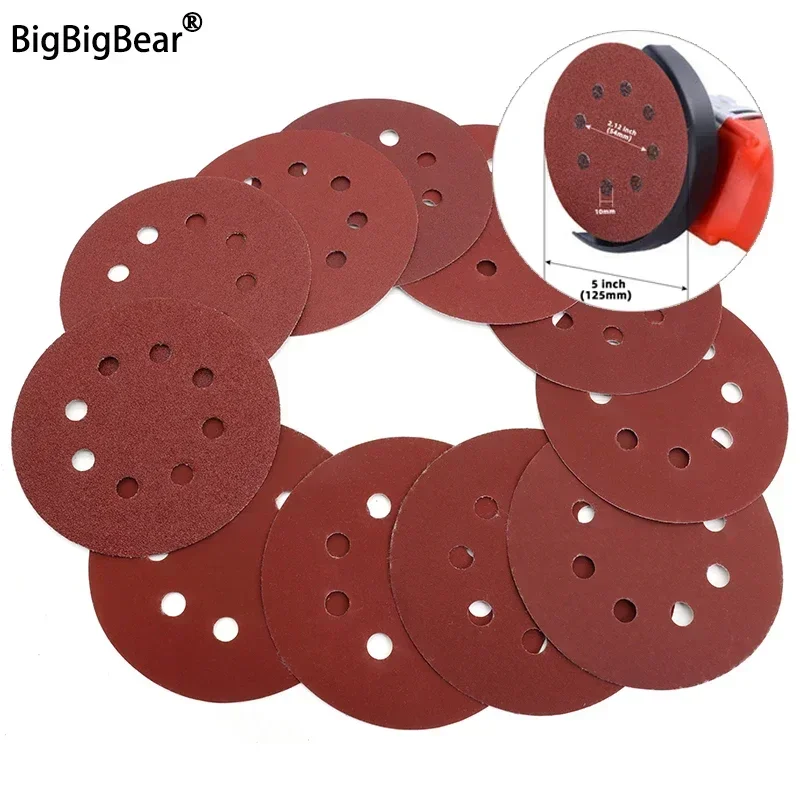 10~100pcs Sanding Discs Hook and Loop Adhesive Sandpaper 5 Inch 8 Hole for Random Orbital Sander 60-2000 Grits Abrasive Sheets