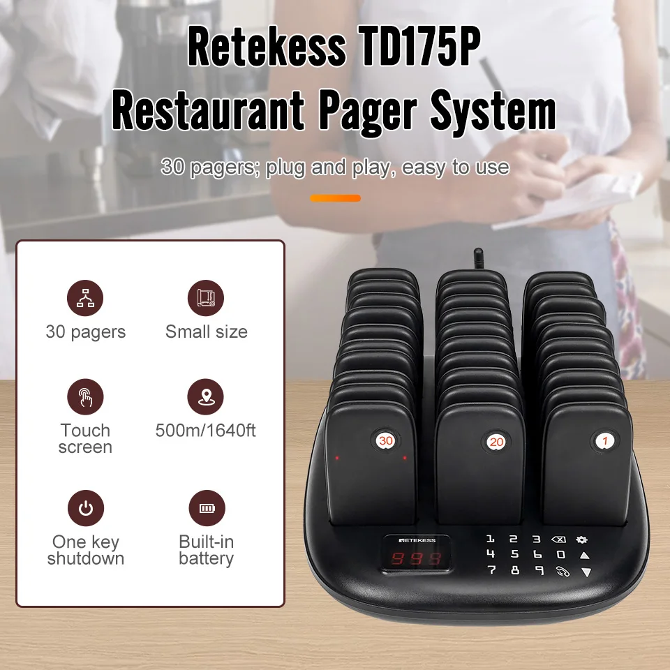 RETEKESS TD175P Drahtloses Restaurant-Rufsystem 30-Kanal Einstellbarer Tastaturmodus Food Truck Café Bar Pager mit Vibrator – Detail 1