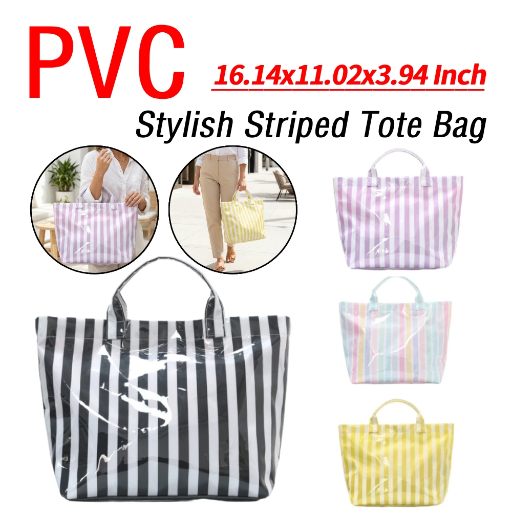 

PVC Stylish Striped Tote Bag Large Capacity Lightweight Canvas Handbag Streak Pattern Tote Pouch Commuting Work Handbags