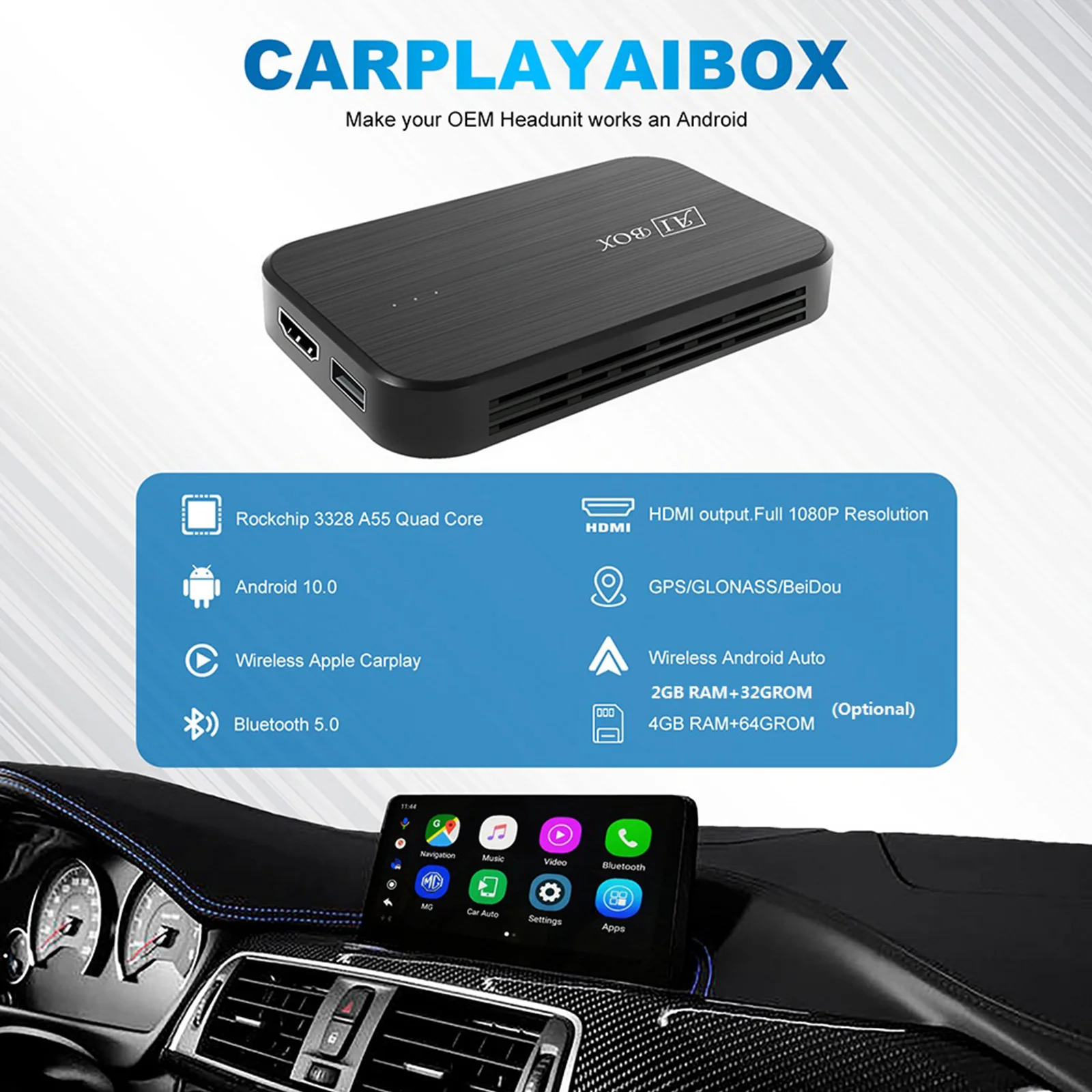 

CarPlay Ai Box 2+32G/4+64G Anroid 10 System Wired to Wireless CarPlay Android Auto Multimedia Player Support YouTube Netflix Etc