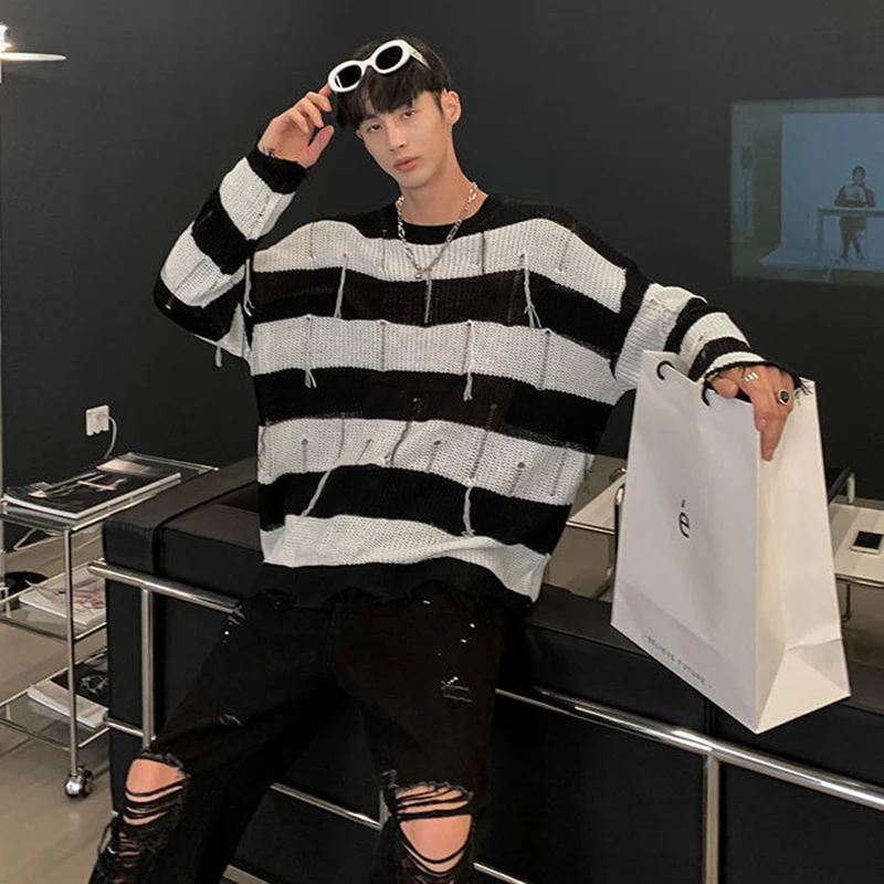 Spring Summer Fashion Tassel Ripped Hole Men Long Sleeve O Neckknitted Sweater Black White Striped Print All-match Casual Couple