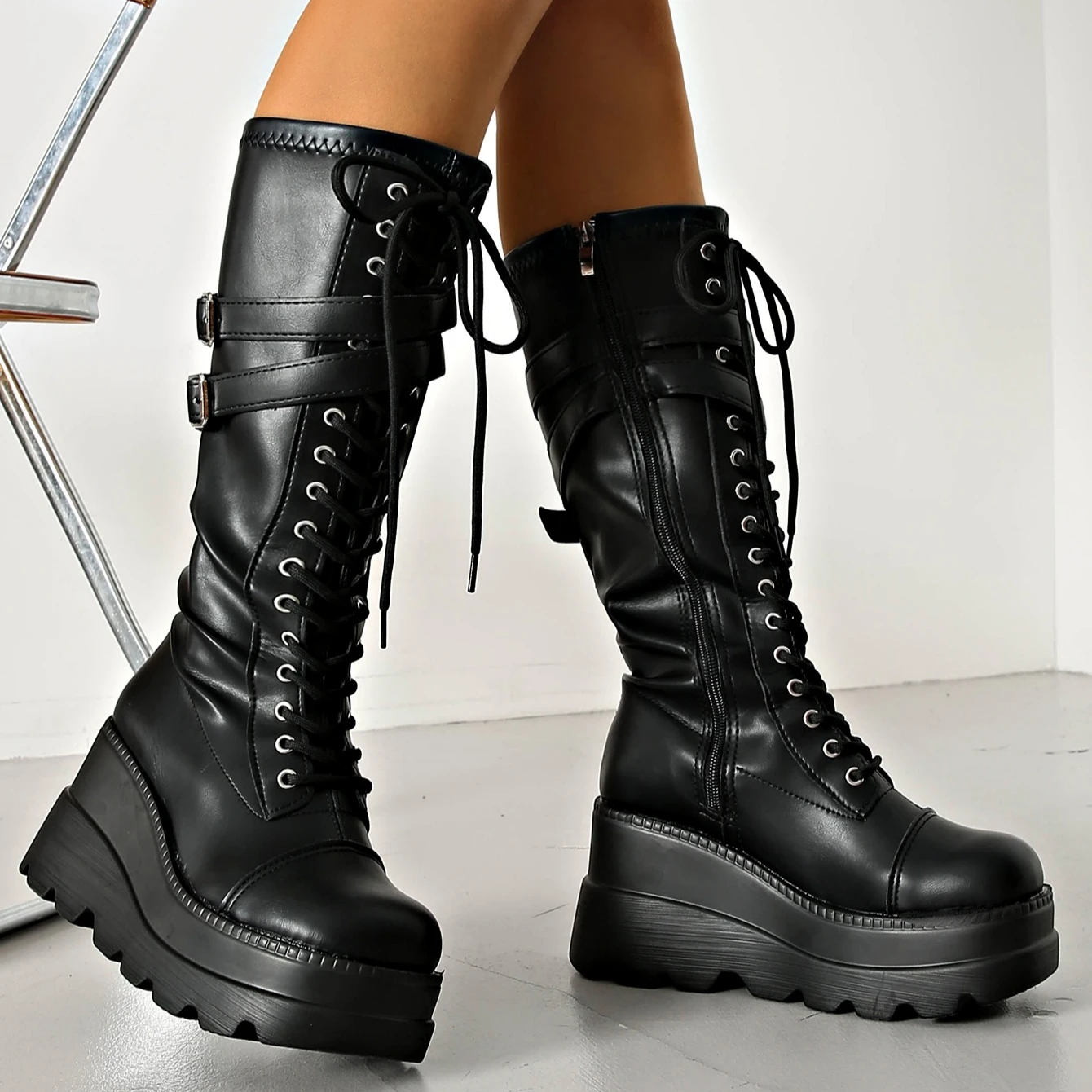 

DoraTasia Black Gothic Fashion Round Toe Lace-Up Women's Mid Calf Boots New INS Christmas Street Party Thick-soled Boots Woman 9