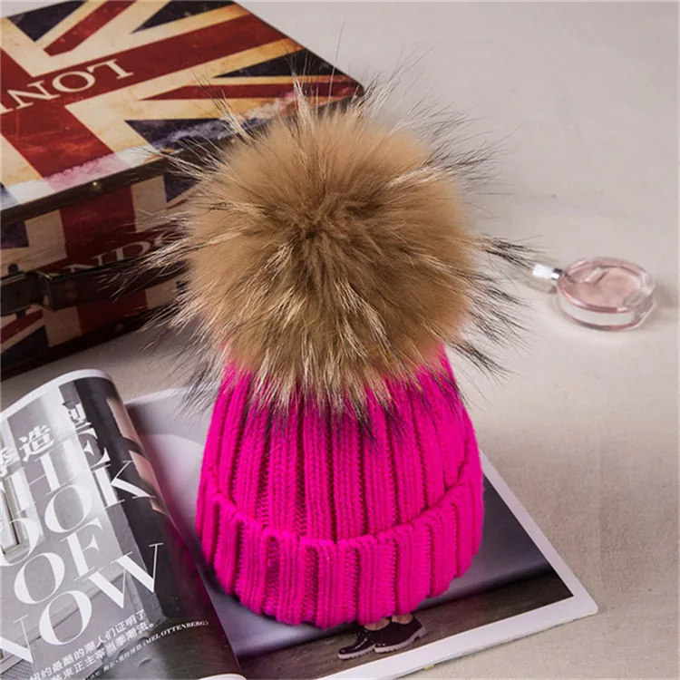 Winter Female Real Raccoon Fur Pom Poms Hat For Boy\'s Girl \'s Hat Knitted Cap Thick Women Skullies Beanies