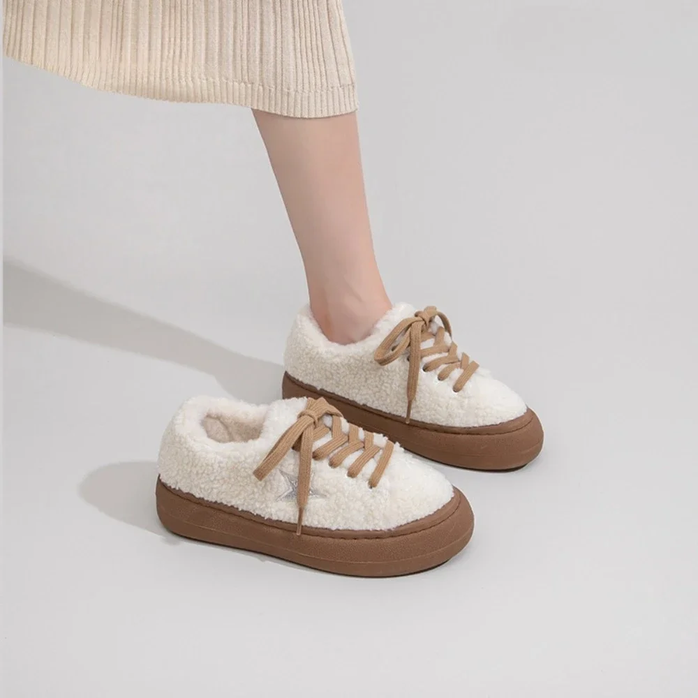 

Winter Warm Fleece Lined Lamb Wool Outerwear Women's Flats with Laces and Star Embroidery for Cold Days