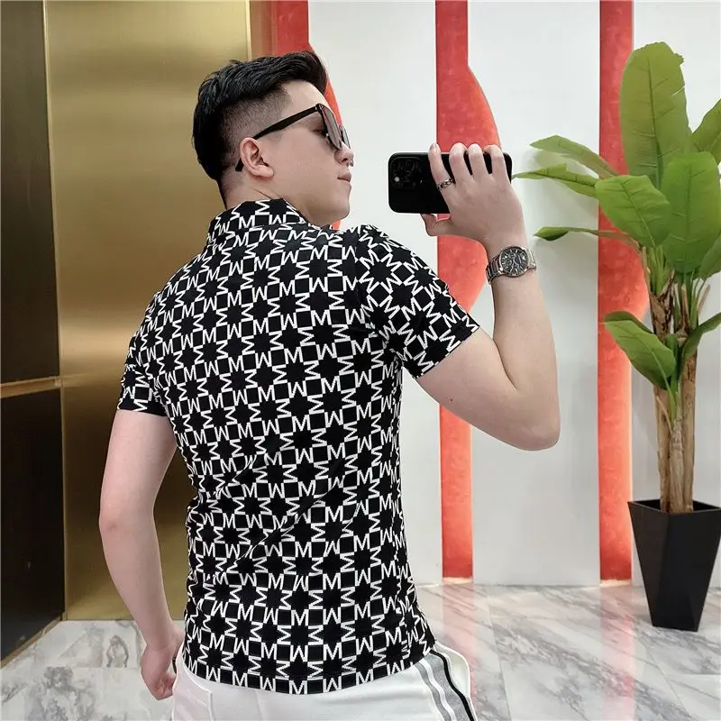 Summer New Fashion Loose Casual Versatile Printed Half Zipper Short Sleeved Polo Shirt Men Lapel Korean Vintage Thin Top 2024