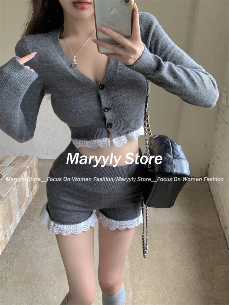 2024 Autumn Casual Slim Knitted Sport Suits Women Hot Girl Lace V Neck Cardigan + Sexy High Waist Shorts Solid 2 Piece Set New