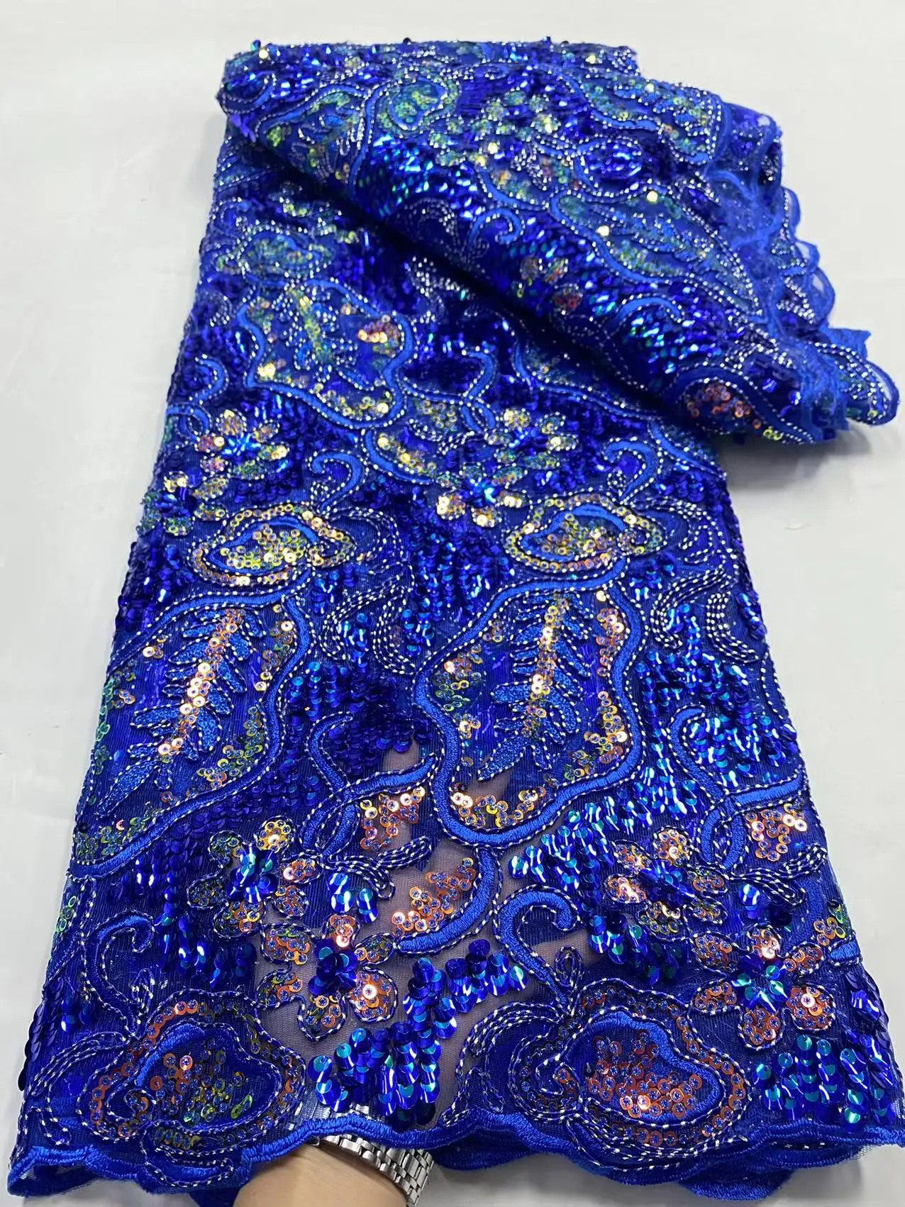 

Blue African Mesh Lace Fabric with Sequins 2023 High Quality Nigerian French Net Lace Fabric for Sewing Women Evening Dresses