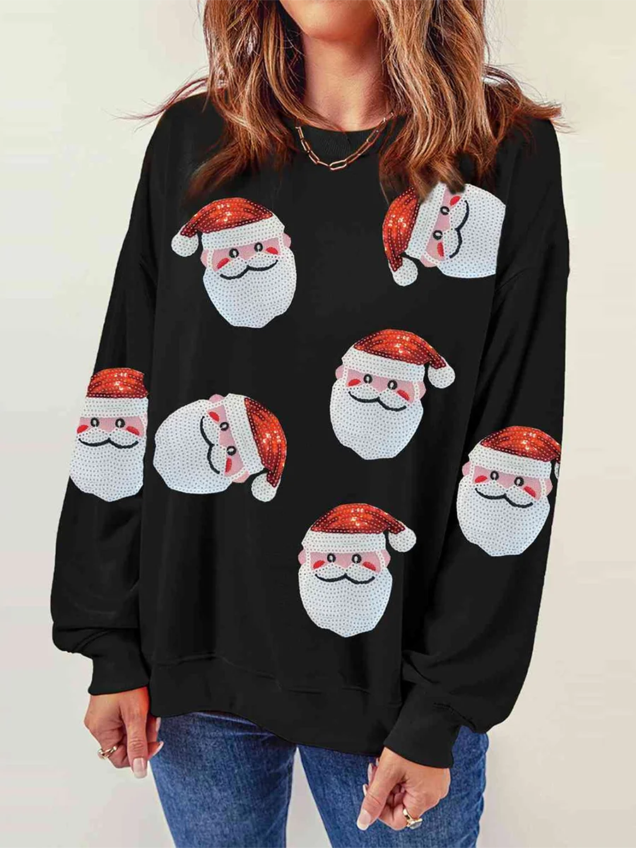 Moletom feminino solto de Natal com lantejoulas Papai Noel gola redonda pulôveres de manga comprida outono inverno tops casuais