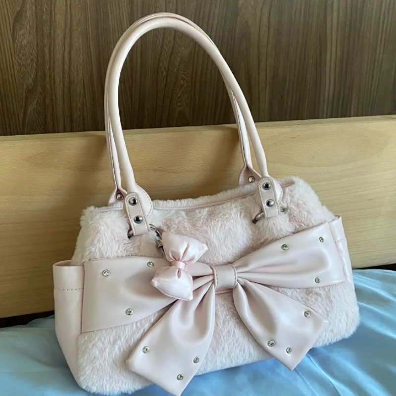 

Cute Pink Bow Handbag Women's Creative Rivet Design Plush Shoulder Bag Horizontal Square Tote Bag Winter Commuting Crossbody Bag