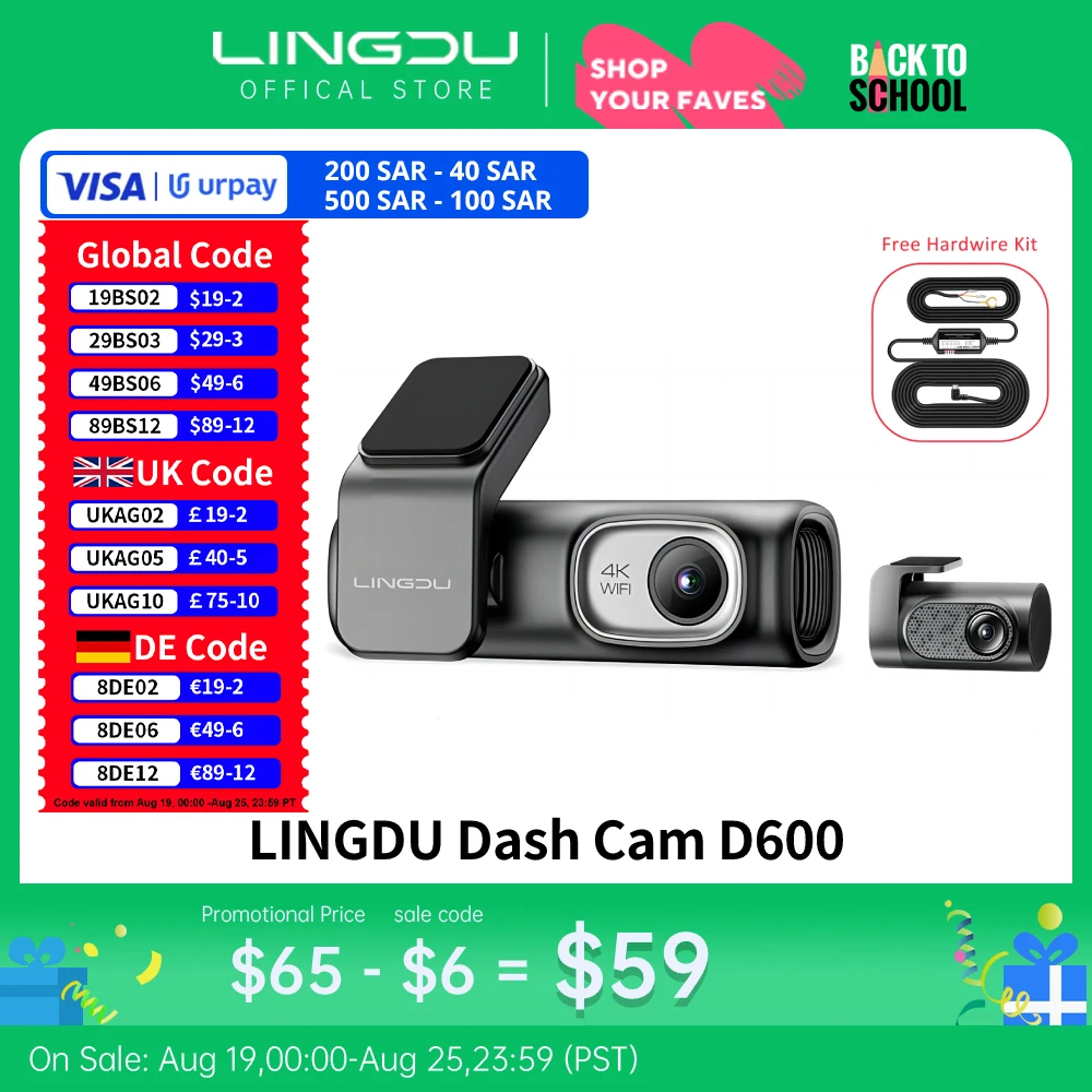 

LINGDU D600 Dash Cam 4K 2160P UHD Car DVR Built in GPS WiFi Voice Control Dash Car Camera 24H Parking Monitor Night Vision داش ك