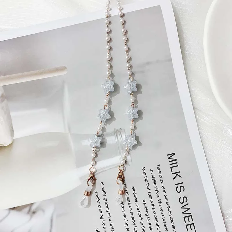 Fashion Droplet Shaped Crystal Mask Holder Neck Rope New Trendy Star Pearl Bead Reading Glasses Chain Lanyard Jewelry for Women