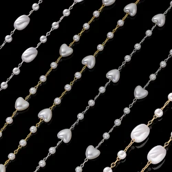 1m Gold Stainless Steel Faux Pearl Chain Heart Flower Beaded Link Bulk for DIY Craft Bracelet Choker Necklace Jewelry Making
