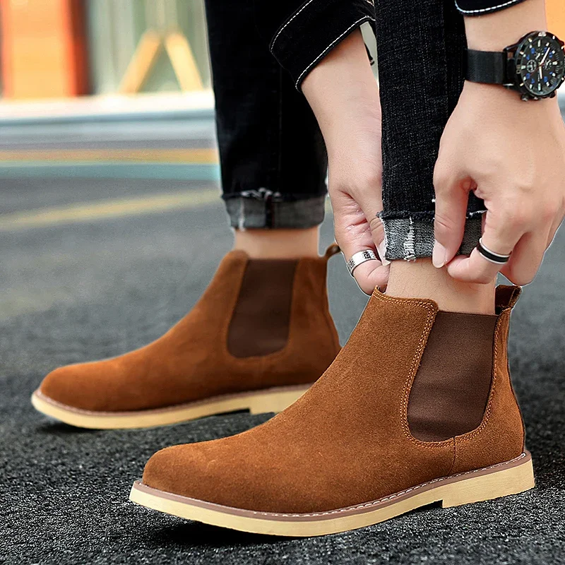 shoes man winter New Fashion Casual Men Ankle Chelsea Boots Male Shoes Cow Suede Leather Slip Ons plush warm Man snow Boots