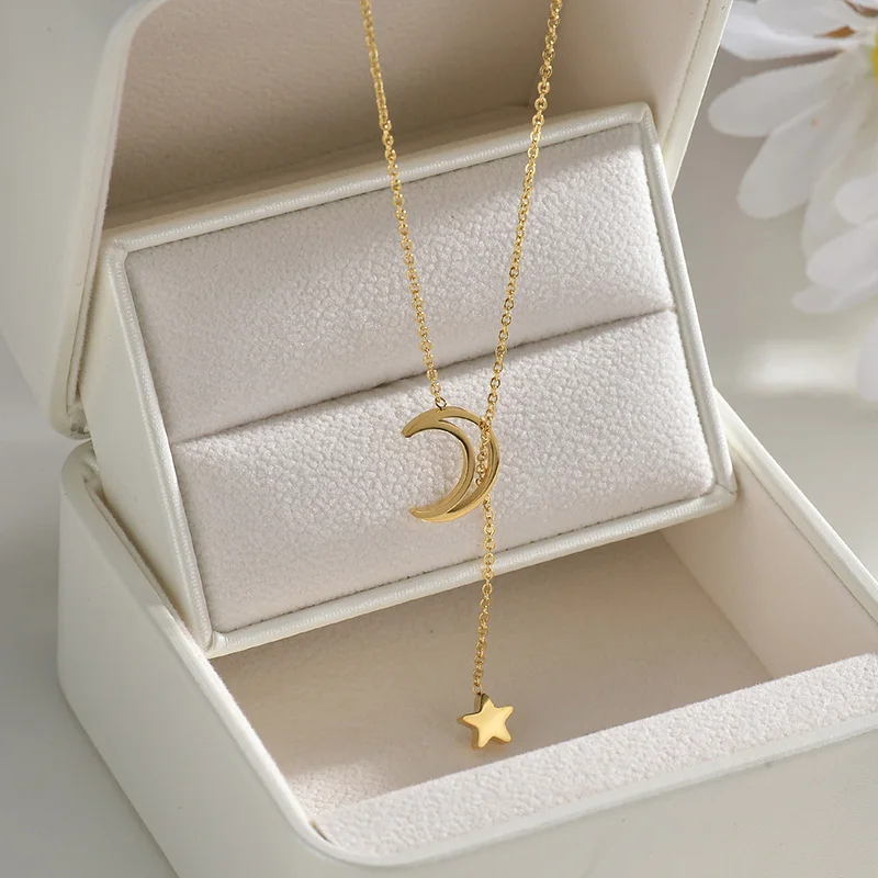 New Classic Gold Color Star Moon Necklace for Women Charm Delicate Stainless Steel Choker Chain Fashion Jewelry Gift for Friend