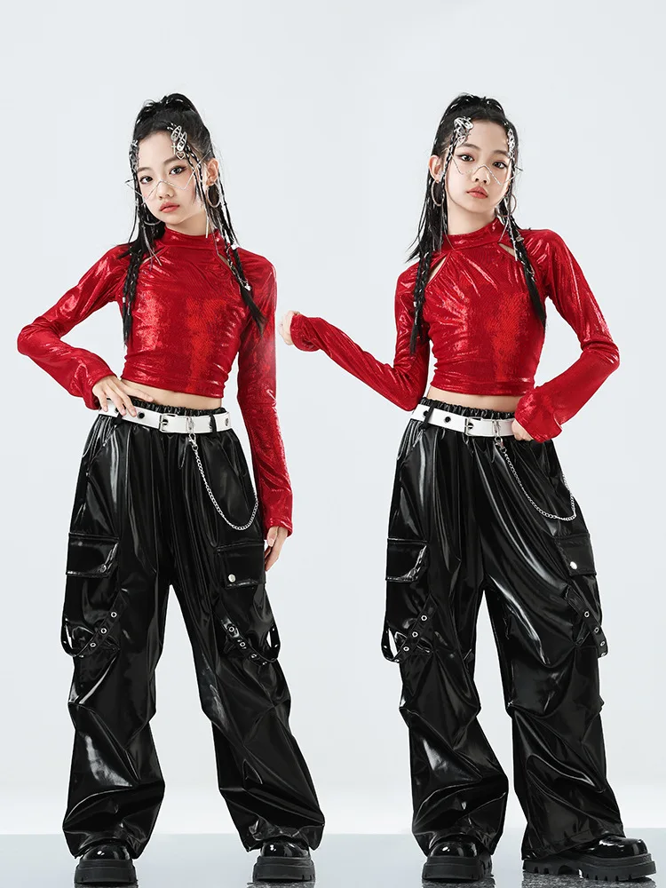 Kids Street Dance Clothing Girls Hip Hop Outfits Red Tops Black Pants Jazz Performance Clothes Group Competition Wear