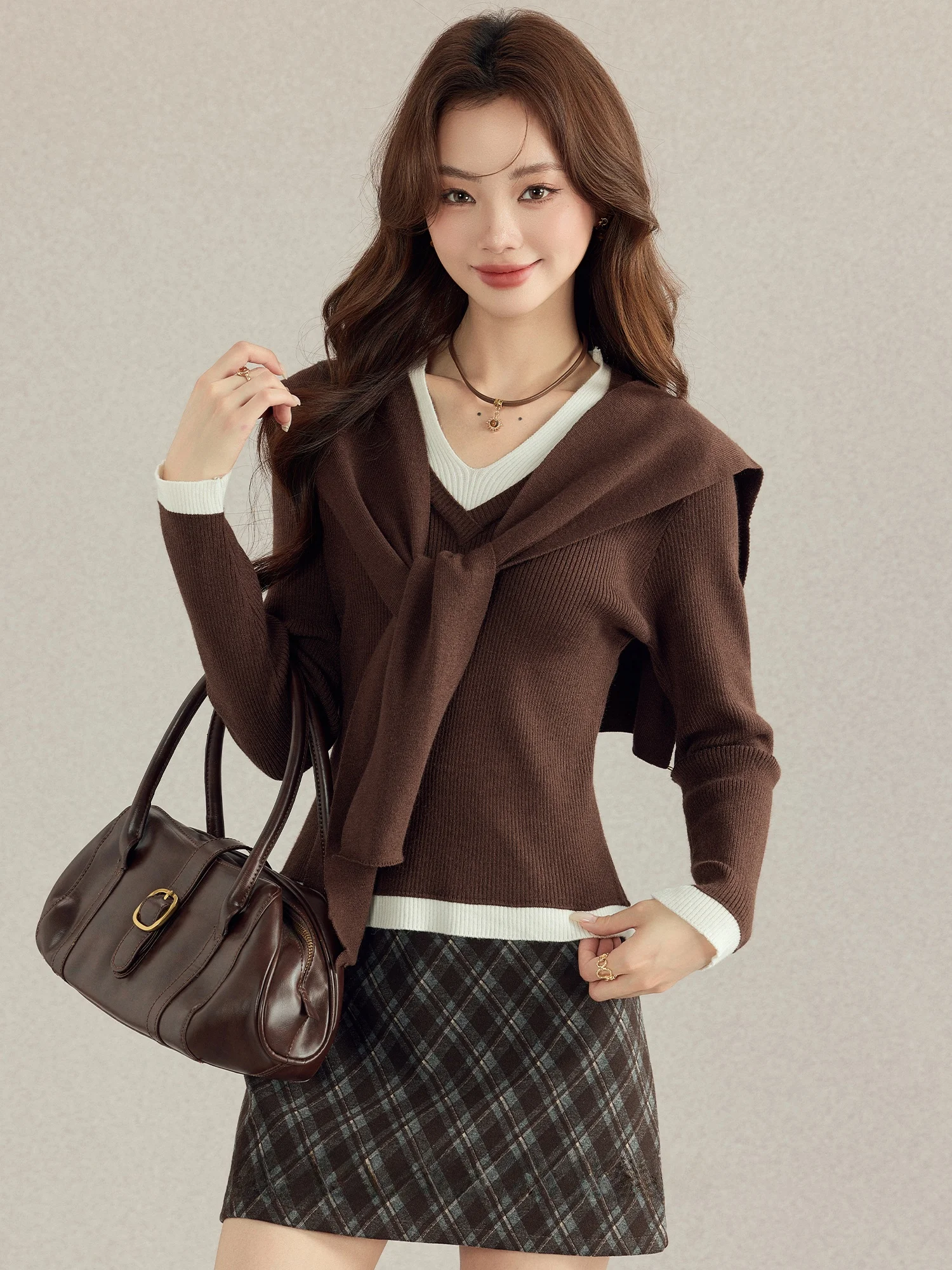 

Mii Xiao Ke Korean Sle Aosphere Retro Women's Base irt Two-Piece Set Autumn New oulder Knitted Sweater Top