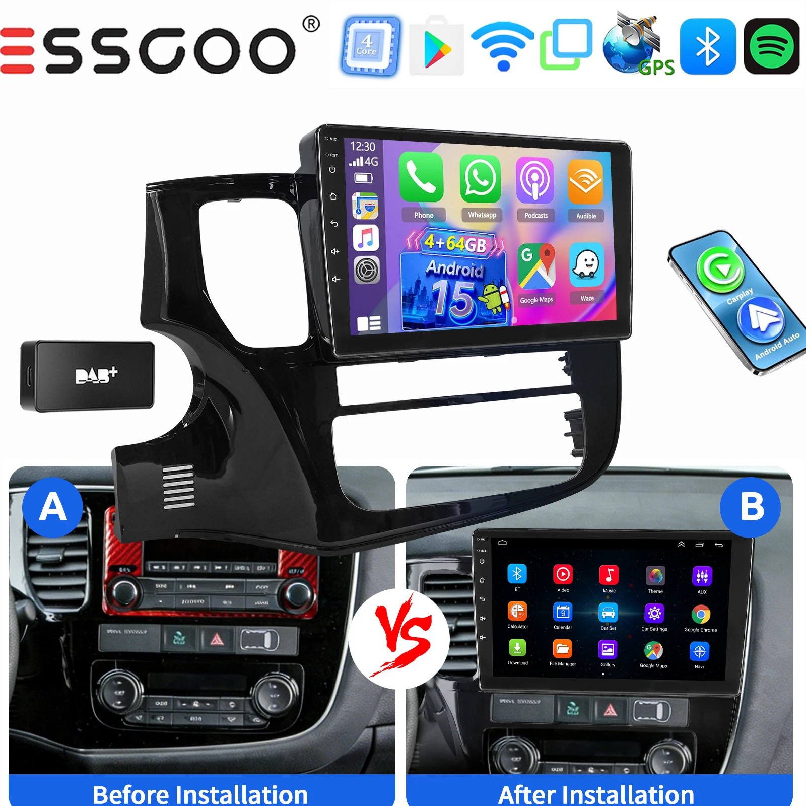 ESSGOO Draadloze Carplay Android auto 10 Inch IPS Aanraakscherm Voor Mitsubishi Outlander 2012-2018 Autoradio Android 15 GPS-navigatie WIFI Stuurwielbediening RDS Bluetooth FM Spiegellink ASP-geluid
