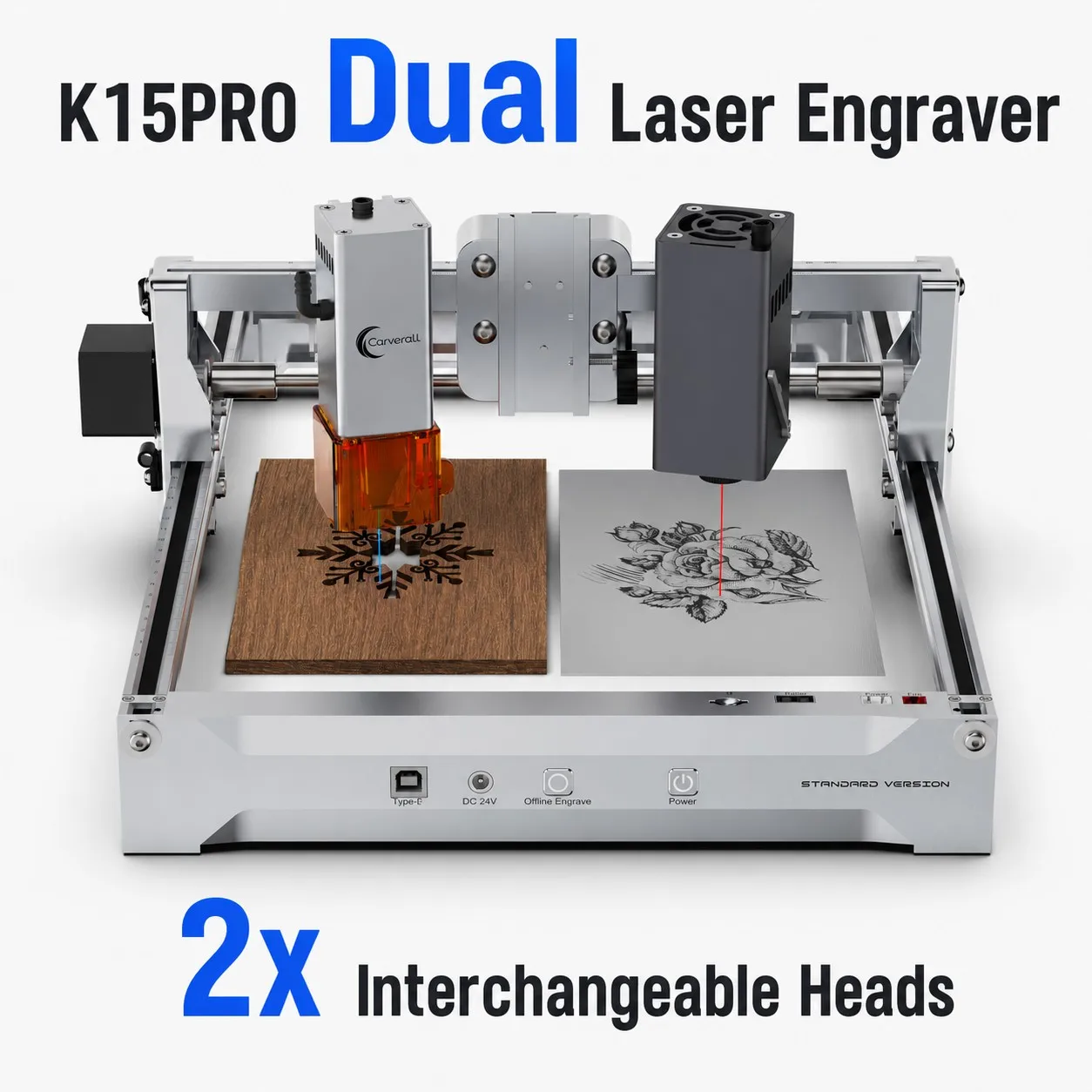 Graveur laser double Carverall K15PRO 7W/12W bleu + 1W 1064nm IR, têtes laser bleues et IR interchangeables, 15000 mm/min, précision de 0,01 mm, A4 200x300 mm, WiFi USB LightBurn CutLabX pour bois, acrylique, métal, plastique, cadeaux DIY, petites entreprises