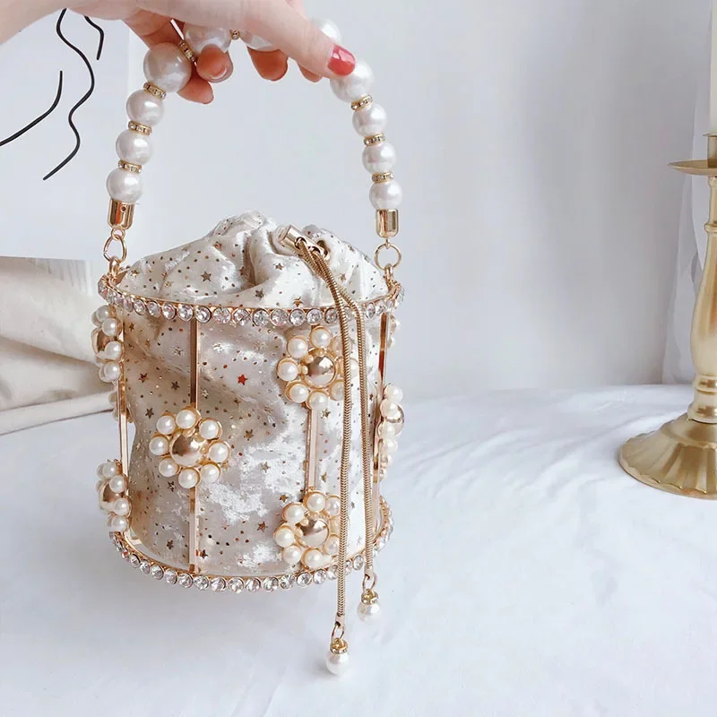 Handbags For Women 2022 Designer Luxury Metal Hollow Out Diamonds Evening Bucket Bag For Women Party Wedding Pearl Tote Bag